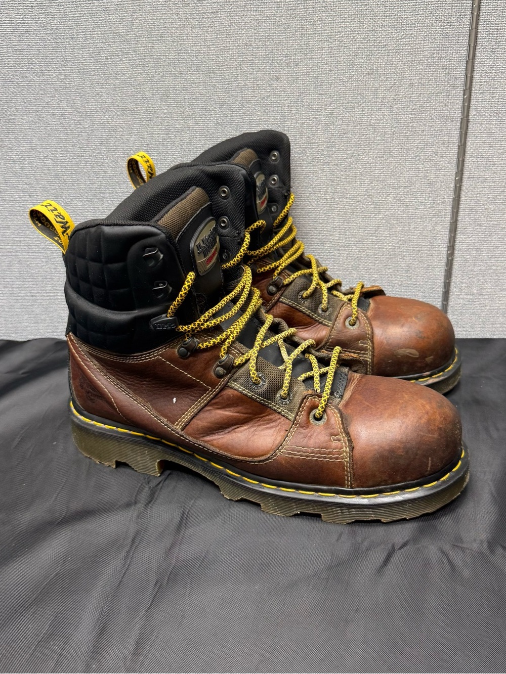 Dr. Martens Brown Leather Work Boots with Yellow Laces